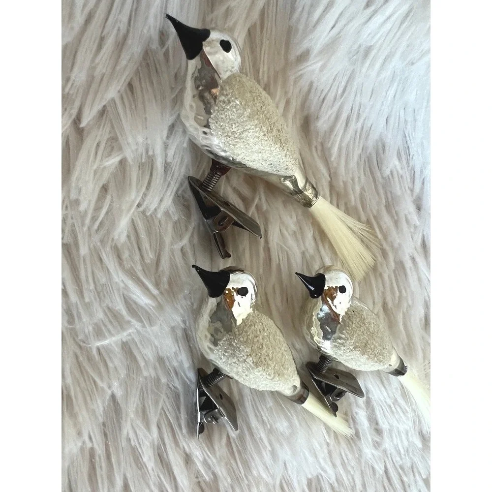 Vintage Mercury Glass Clip On Bird Ornaments White Flocked Christmas Decor Set 3